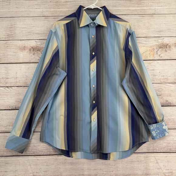 Robert Graham Striped Floral Flip Cuff Button Down Shirt Men's XL Blue/Cream - Picture 1 of 16